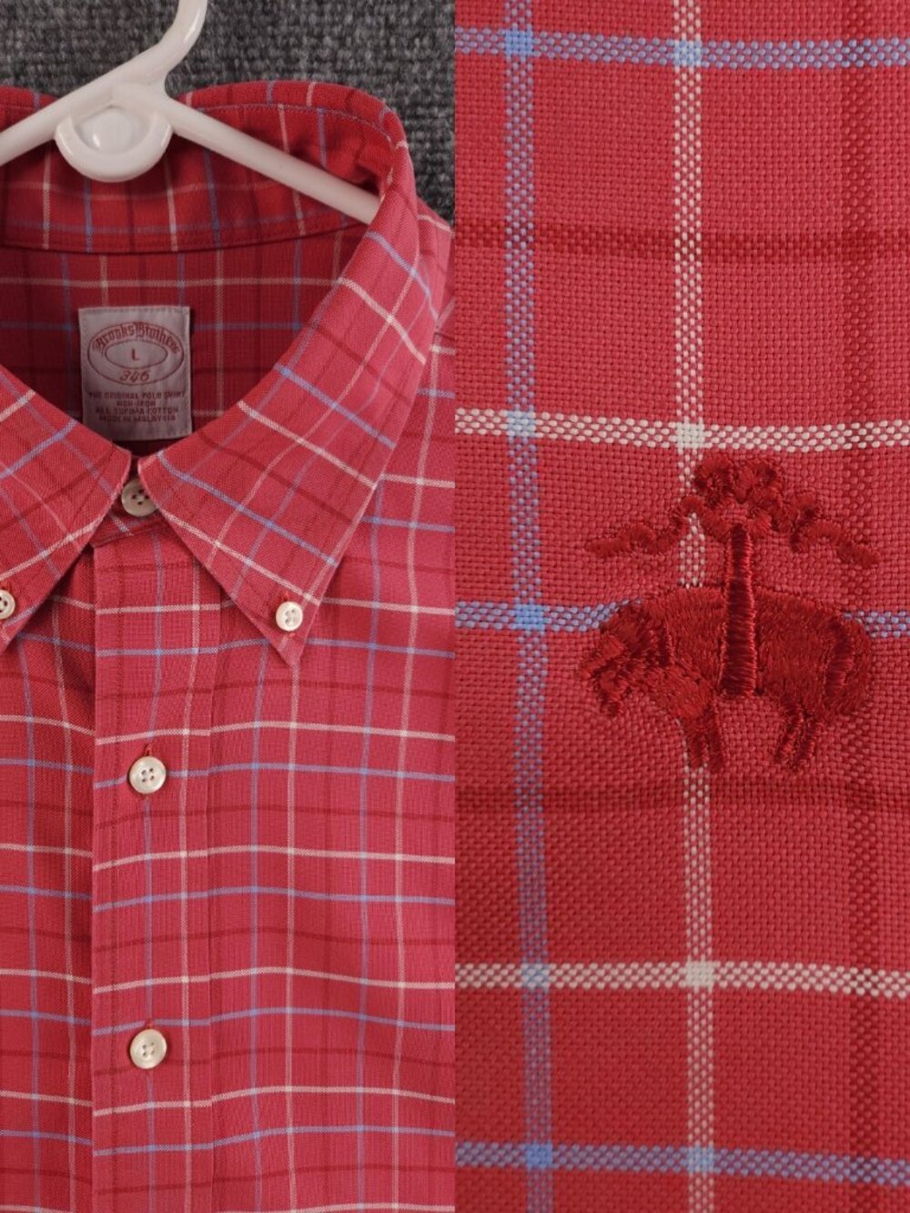 Brooks Brothers Cotton Button-Down Non-Iron Large Check Red Long Sleeve Shirt